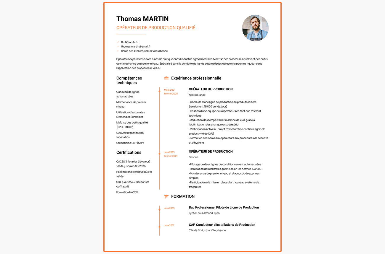 Modèle de CV pour l'usine